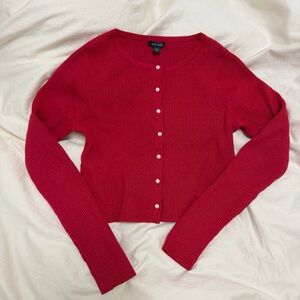 Red Ribbed Cardigan with Pearl Buttons